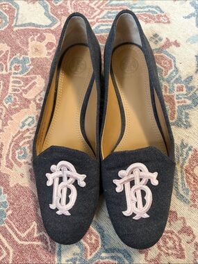 Tory Burch Black Felt Loafers with Light Pink Monogram
